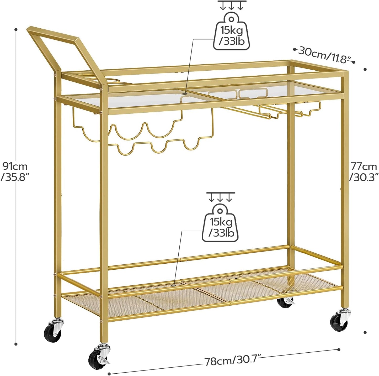 Drinks Trolley Gold, Bar Cart, Bar Trolley, Kitchen Trolley on Wheels, Serving Trolley with Glass Shelf, Wine Rack and Glass Holder, Home Bar Serving Cart for Dining Room, Party, Gold EGD11TC01