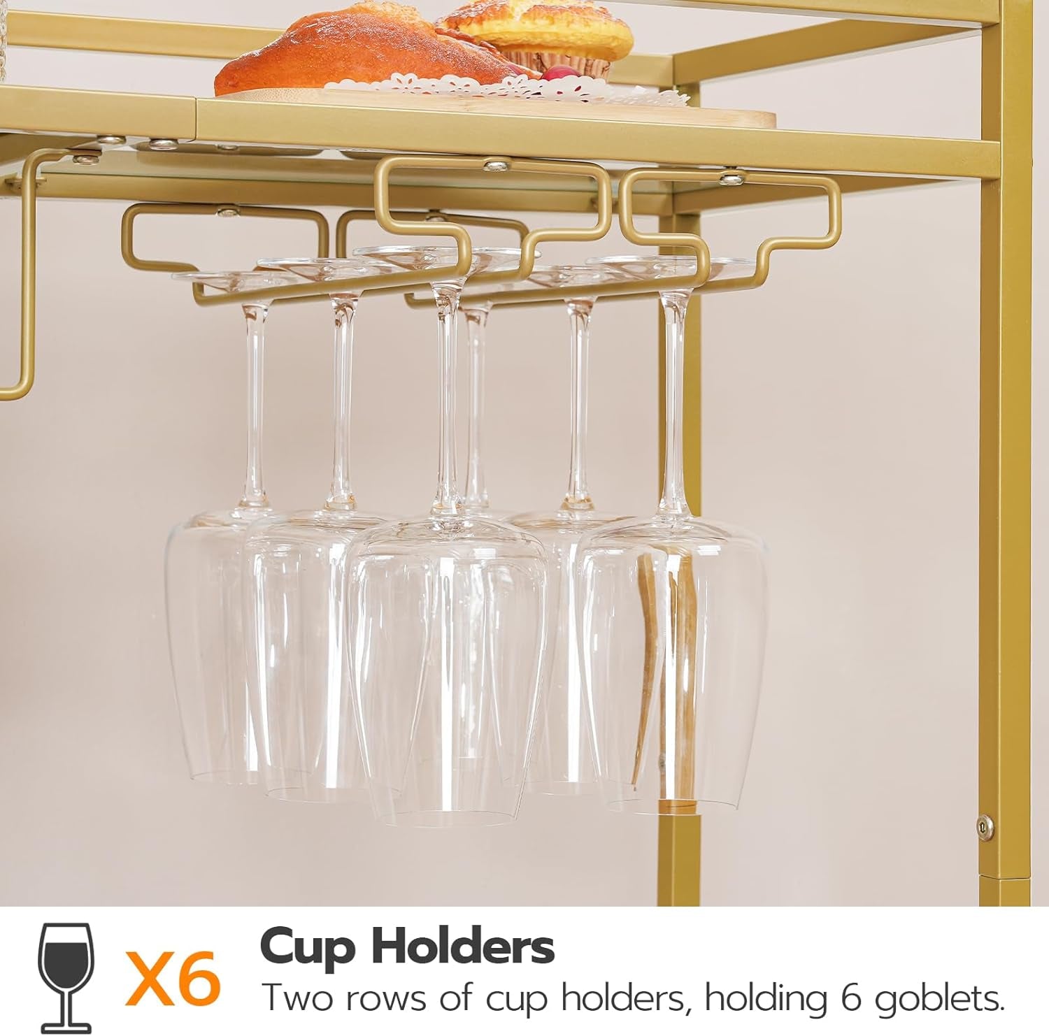 Drinks Trolley Gold, Bar Cart, Bar Trolley, Kitchen Trolley on Wheels, Serving Trolley with Glass Shelf, Wine Rack and Glass Holder, Home Bar Serving Cart for Dining Room, Party, Gold EGD11TC01