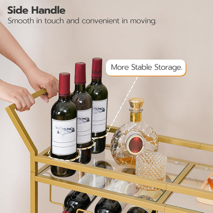 Drinks Trolley Gold, Bar Cart, Bar Trolley, Kitchen Trolley on Wheels, Serving Trolley with Glass Shelf, Wine Rack and Glass Holder, Home Bar Serving Cart for Dining Room, Party, Gold EGD11TC01