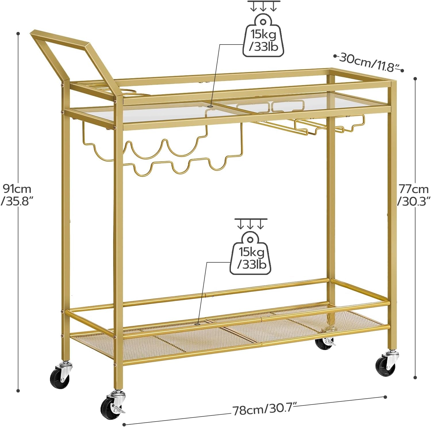 Drinks Trolley Gold, Bar Cart, Bar Trolley, Kitchen Trolley on Wheels, Serving Trolley with Glass Shelf, Wine Rack and Glass Holder, Home Bar Serving Cart for Dining Room, Party, Gold EGD11TC01