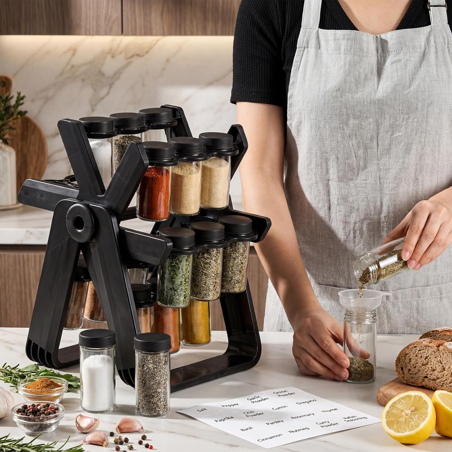Ferris Wheel Rotating Spice Rack Seasoning Organizer with 18 Empty Jars, Spice Containers Set with Labels and Funnel, Revolving Seasoning Rack Black Kitchen Countertop Cabinet Accessories