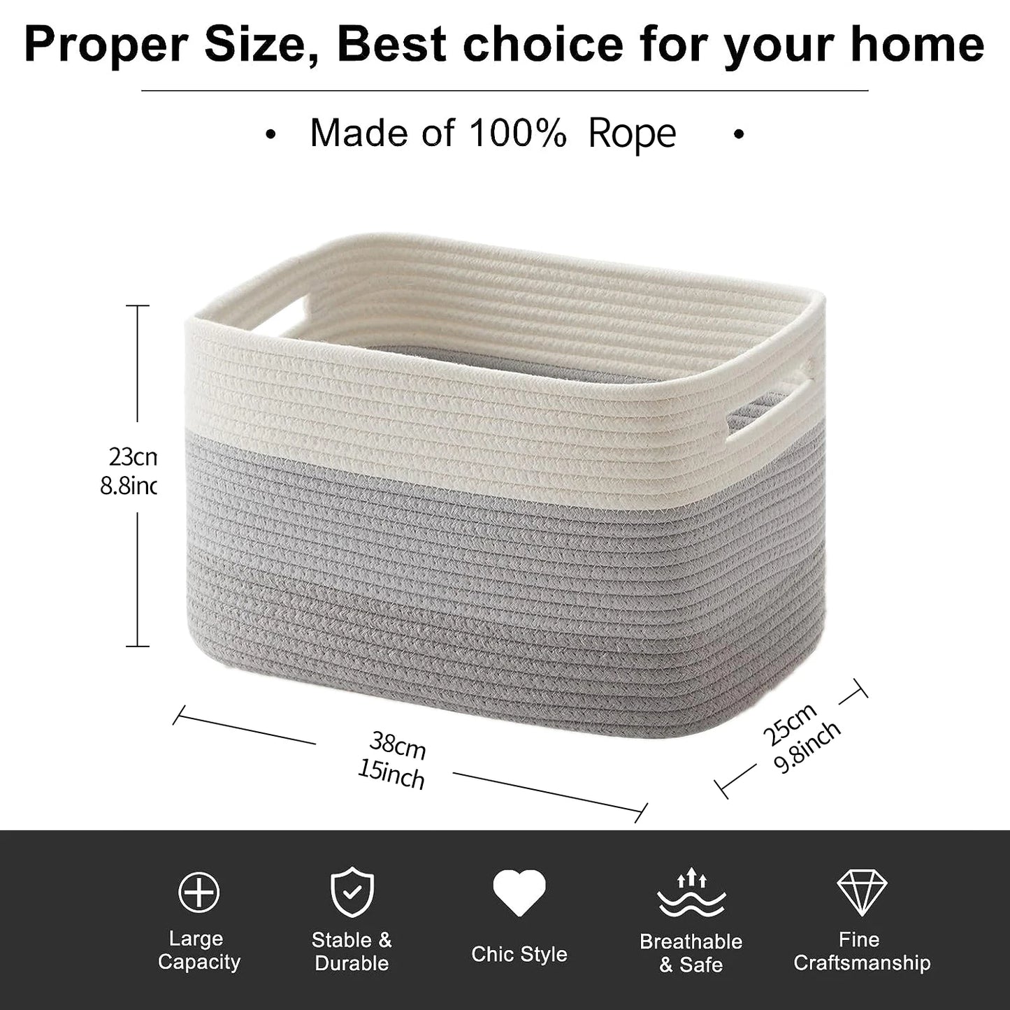 Storage Baskets for Organizing,Closet Shelf Woven Baskets, Square Bins, Cotton Rope Basket for Toys, Clothes, Office, Room