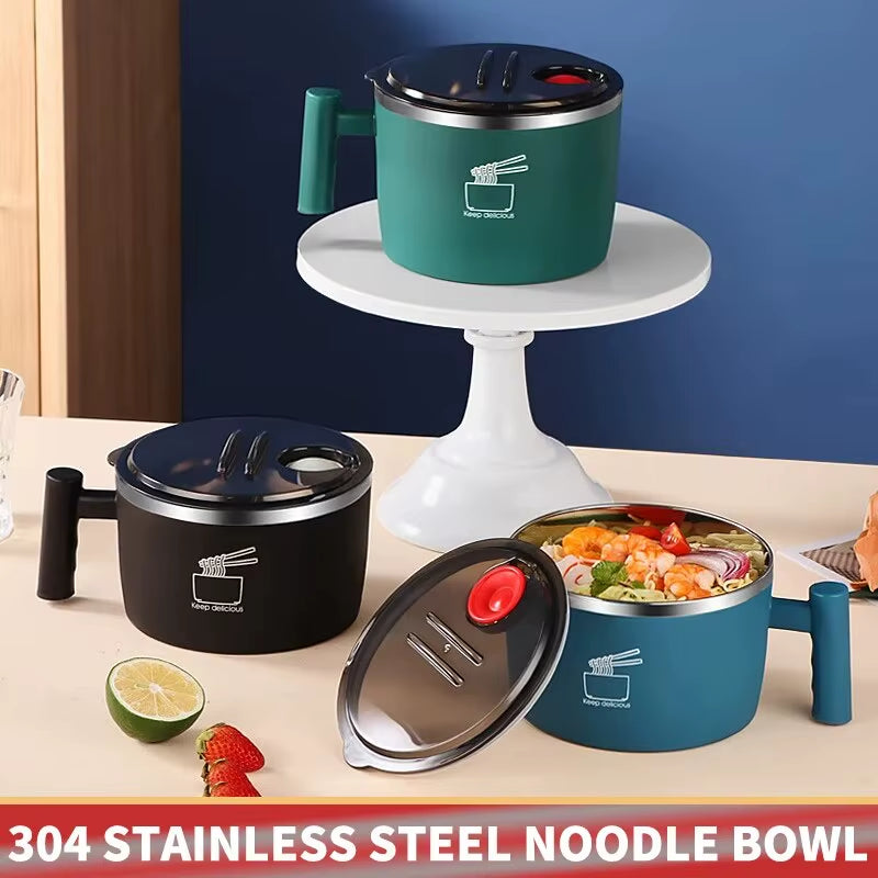 Stainless Steel Bowl with Lid for Instant Noodles Sealed and Portable Drain Bowl for Kitchen Utensils Instant Noodle Partner