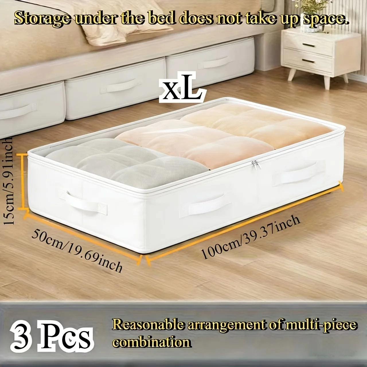 3Pcs White Bed under Storage Boxes | Foldable, Multipurpose for Blankets, Dresses, Quilts, Pillows, Clothes, Flip Top Closure