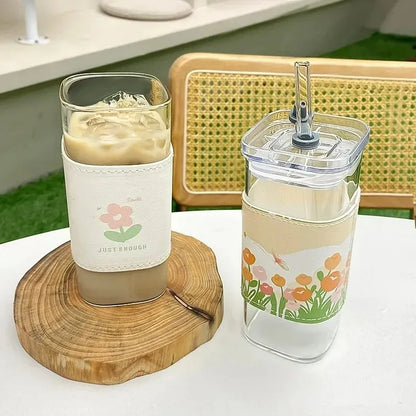 1Pcs Square Heat Resistant Coffee Glass Cup with Lid and Straw Transparent Milk Tea Juice Cups Coffee Mug for Home Bar Drinkware