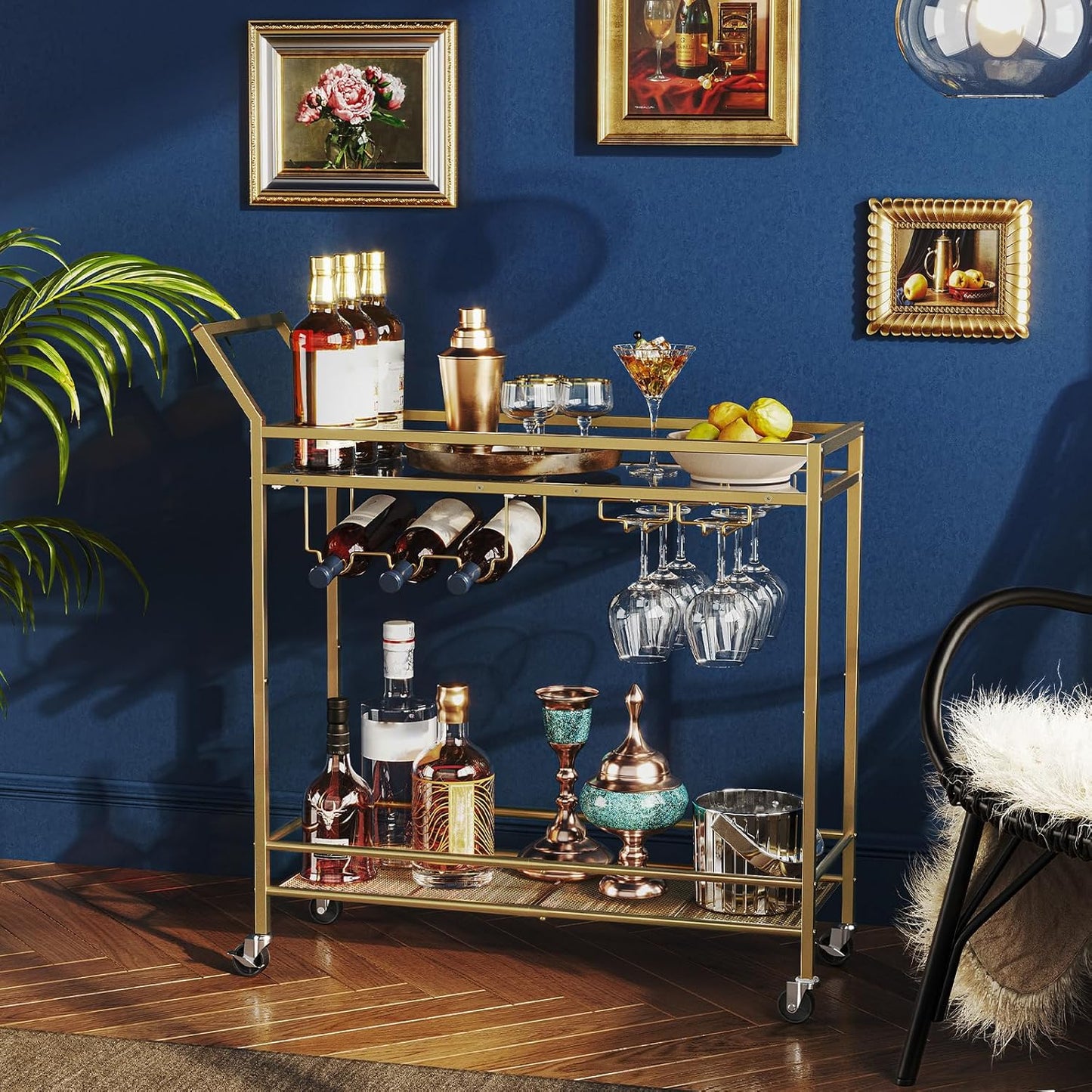 Drinks Trolley Gold, Bar Cart, Bar Trolley, Kitchen Trolley on Wheels, Serving Trolley with Glass Shelf, Wine Rack and Glass Holder, Home Bar Serving Cart for Dining Room, Party, Gold EGD11TC01