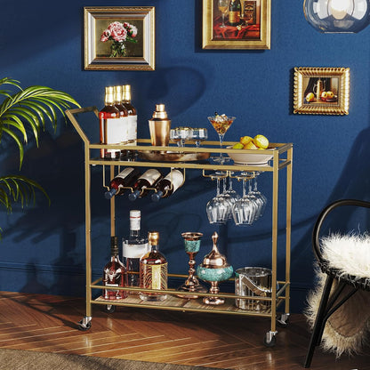 Drinks Trolley Gold, Bar Cart, Bar Trolley, Kitchen Trolley on Wheels, Serving Trolley with Glass Shelf, Wine Rack and Glass Holder, Home Bar Serving Cart for Dining Room, Party, Gold EGD11TC01