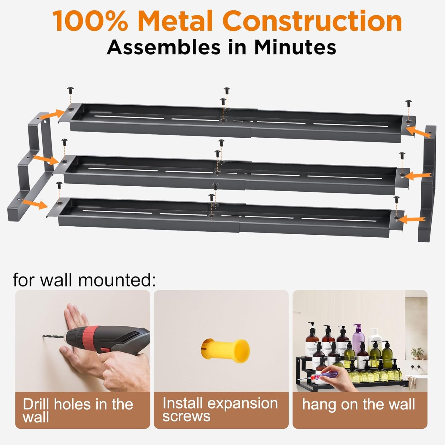 3 Tier Spice Rack for inside Cupboard, 41-75Cm Expandable Spice Organiser, Large Seasoning Organizer, Spice Jars Rack for Kitchen Countertop, Pantry, Bathroom, Black