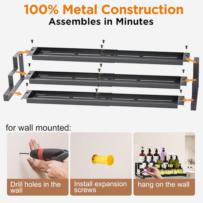 3 Tier Spice Rack for inside Cupboard, 41-75Cm Expandable Spice Organiser, Large Seasoning Organizer, Spice Jars Rack for Kitchen Countertop, Pantry, Bathroom, Black