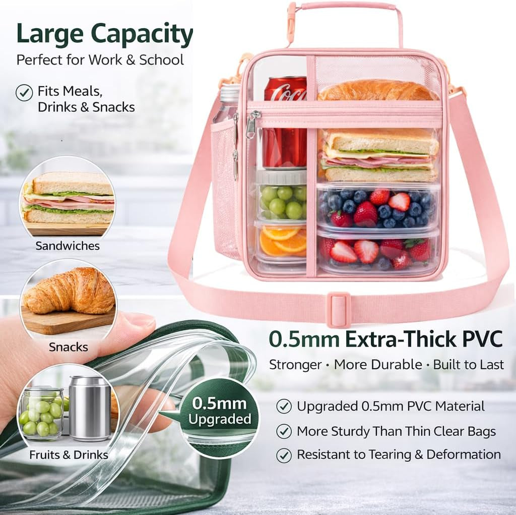 Stadium Approved Clear Lunch Bag with Adjustable Shoulder Strap Multi-Purpose Lunch Bag Portable Lunch Bag Clear Lunch Box for Officers, Work,Sprots