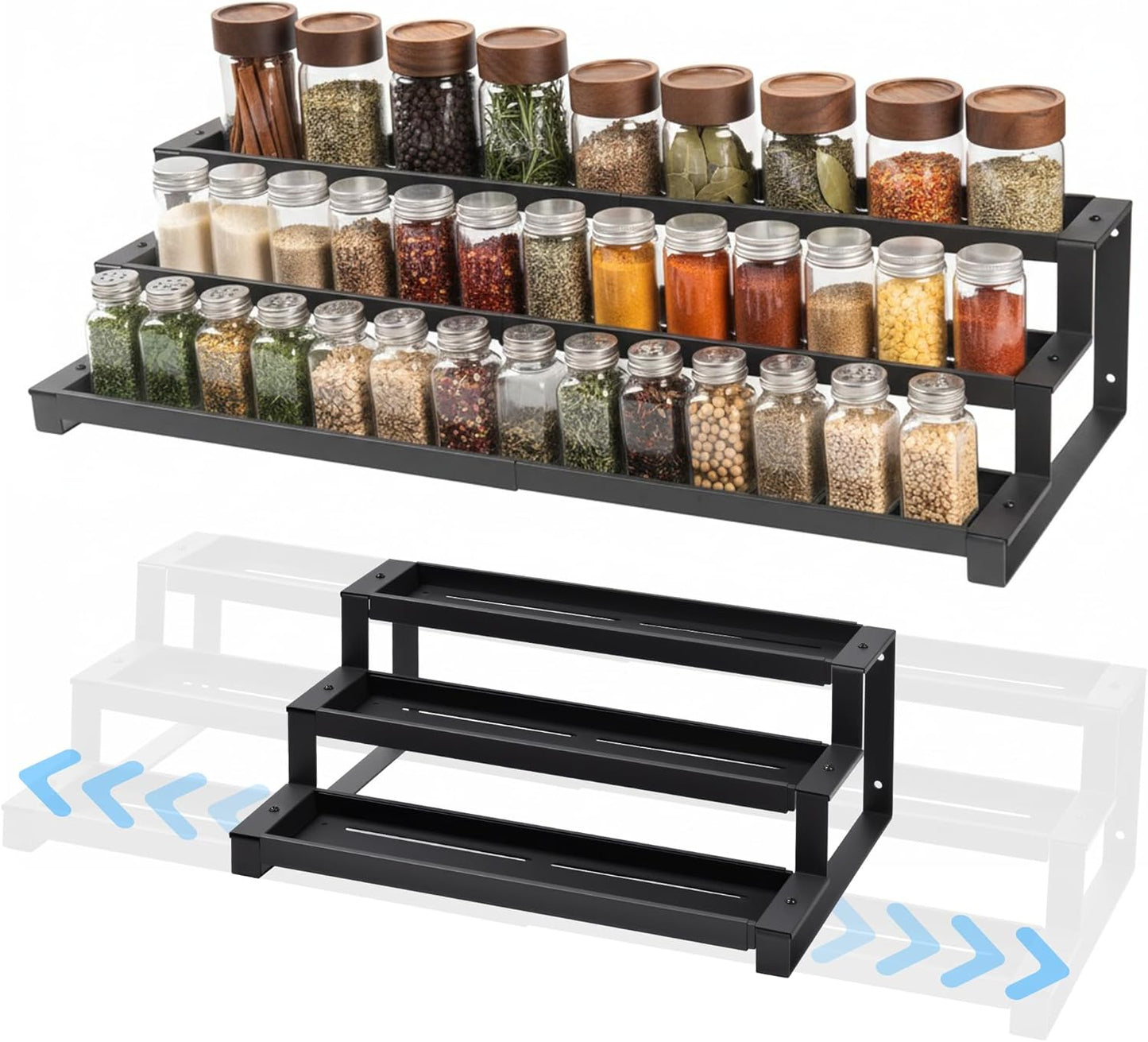 3 Tier Spice Rack for inside Cupboard, 41-75Cm Expandable Spice Organiser, Large Seasoning Organizer, Spice Jars Rack for Kitchen Countertop, Pantry, Bathroom, Black