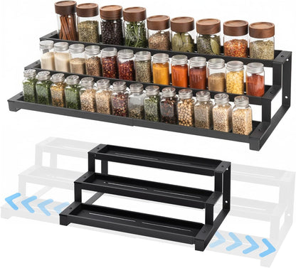3 Tier Spice Rack for inside Cupboard, 41-75Cm Expandable Spice Organiser, Large Seasoning Organizer, Spice Jars Rack for Kitchen Countertop, Pantry, Bathroom, Black