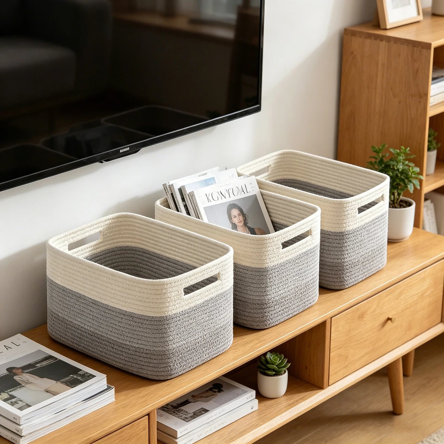Storage Baskets for Organizing,Closet Shelf Woven Baskets, Square Bins, Cotton Rope Basket for Toys, Clothes, Office, Room