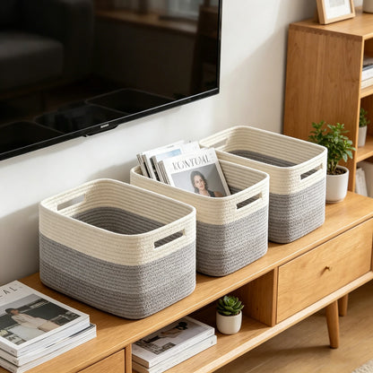 Storage Baskets for Organizing,Closet Shelf Woven Baskets, Square Bins, Cotton Rope Basket for Toys, Clothes, Office, Room