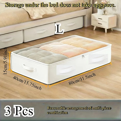 3Pcs White Bed under Storage Boxes | Foldable, Multipurpose for Blankets, Dresses, Quilts, Pillows, Clothes, Flip Top Closure