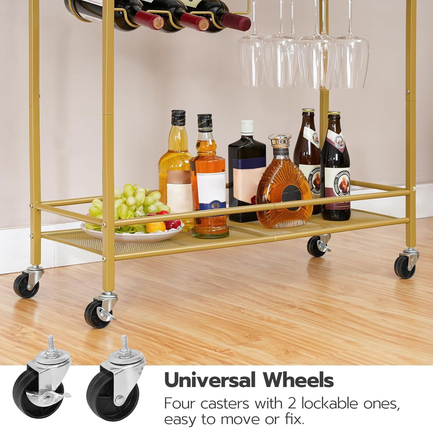 Drinks Trolley Gold, Bar Cart, Bar Trolley, Kitchen Trolley on Wheels, Serving Trolley with Glass Shelf, Wine Rack and Glass Holder, Home Bar Serving Cart for Dining Room, Party, Gold EGD11TC01
