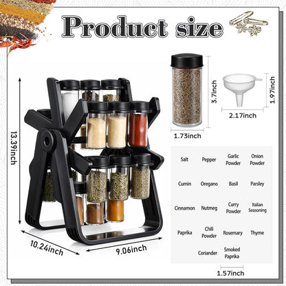 Ferris Wheel Rotating Spice Rack Seasoning Organizer with 18 Empty Jars, Spice Containers Set with Labels and Funnel, Revolving Seasoning Rack Black Kitchen Countertop Cabinet Accessories