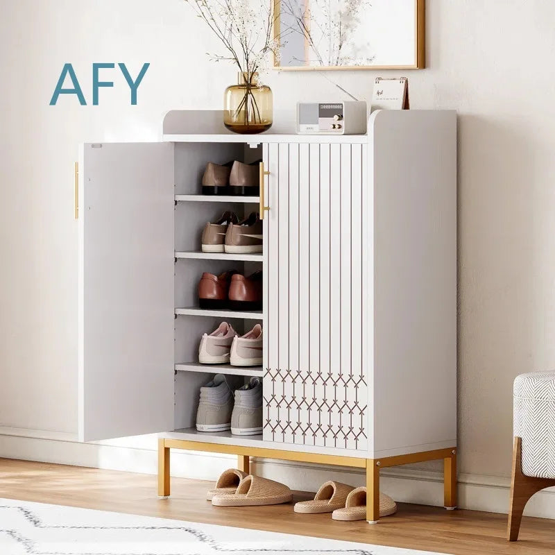 Wooden Shoe Cabinet with Engraved Pattern for Home Entryway