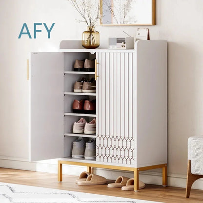 Wooden Shoe Cabinet with Engraved Pattern for Home Entryway