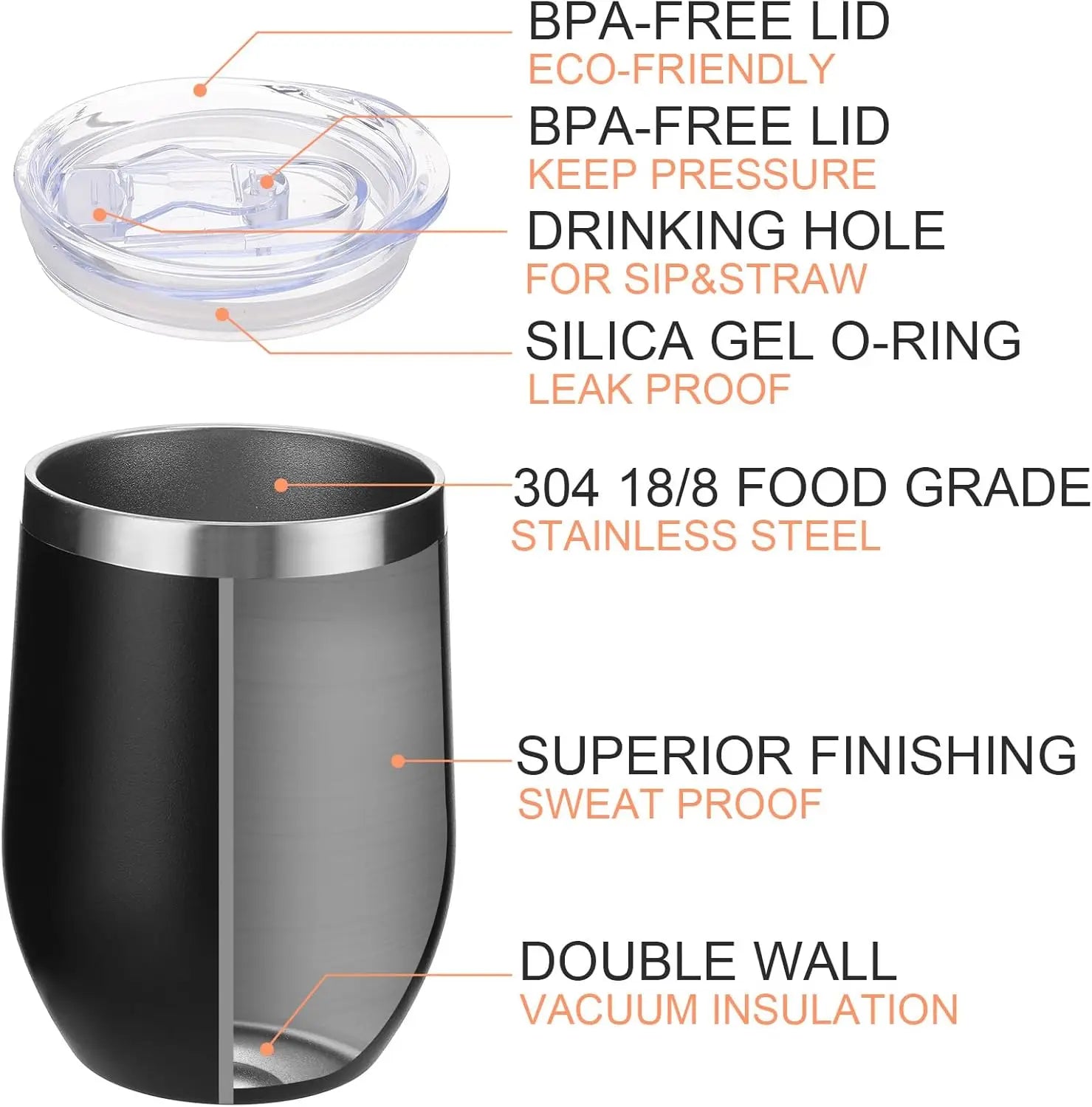 12 Oz Stainless Steel Wine Tumbler with Lids, Double Wall Vacuum Insulated Travel Cup for Coffee, Cocktail, Drink, Tea and Beer