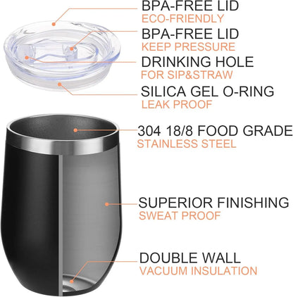 12 Oz Stainless Steel Wine Tumbler with Lids, Double Wall Vacuum Insulated Travel Cup for Coffee, Cocktail, Drink, Tea and Beer