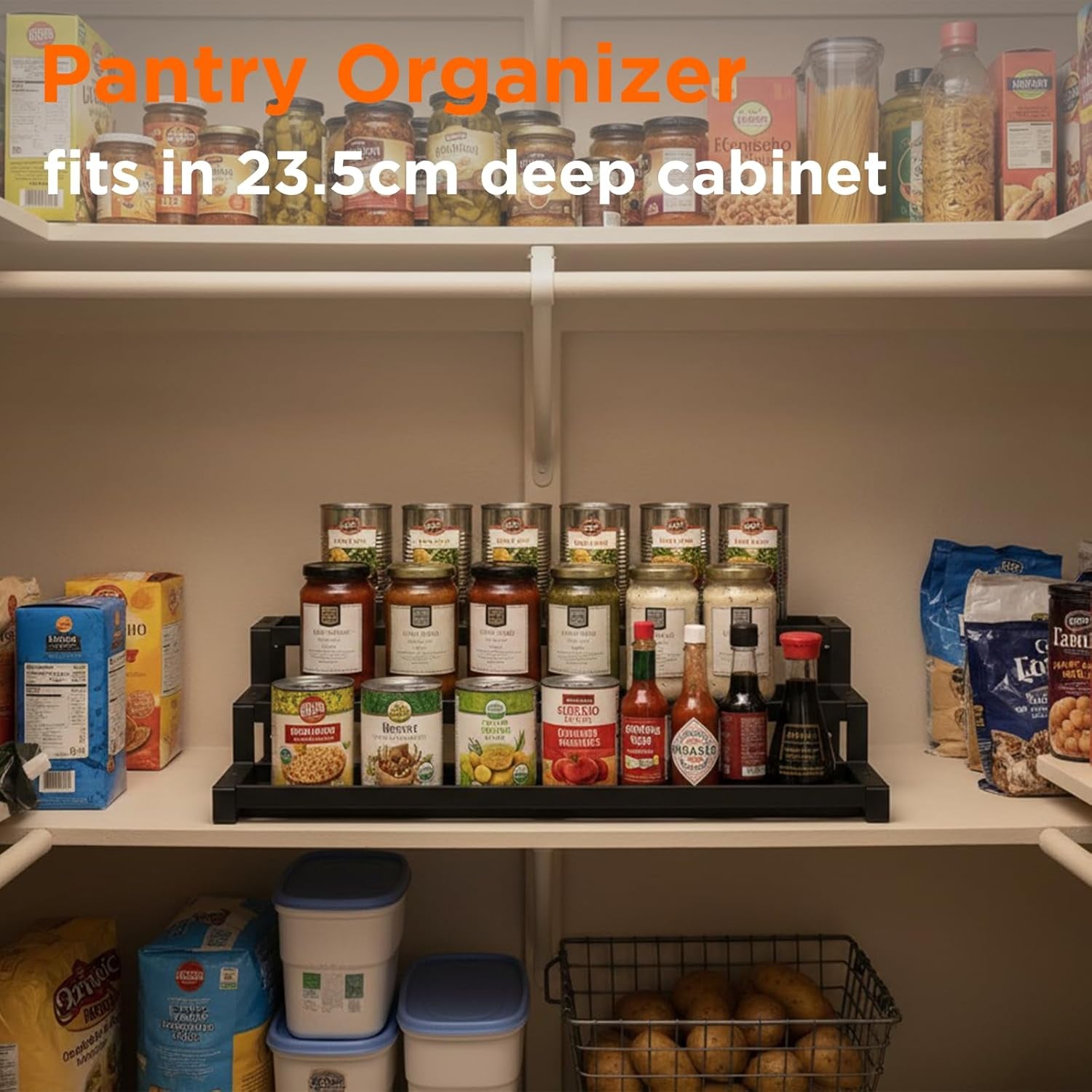 3 Tier Spice Rack for inside Cupboard, 41-75Cm Expandable Spice Organiser, Large Seasoning Organizer, Spice Jars Rack for Kitchen Countertop, Pantry, Bathroom, Black