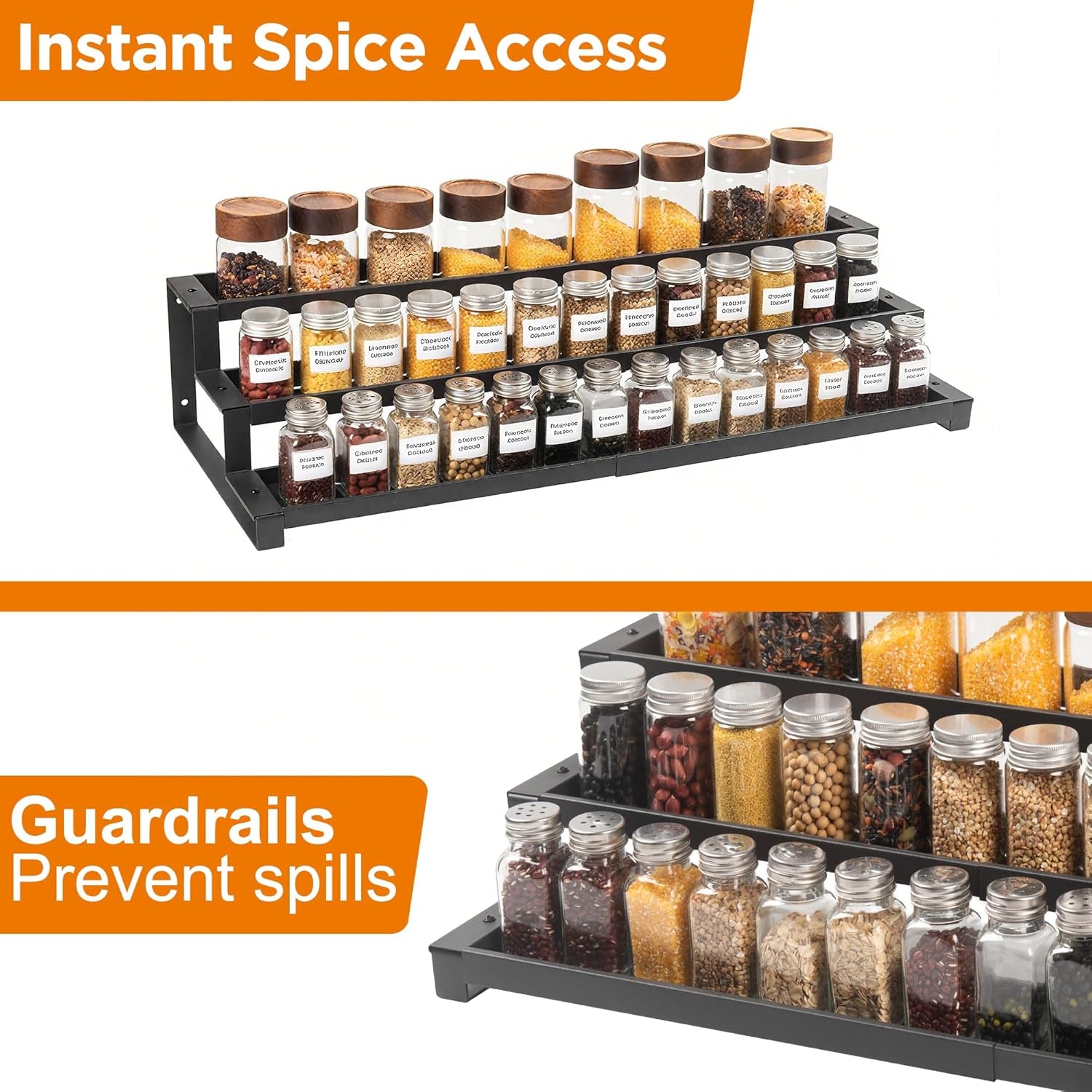 3 Tier Spice Rack for inside Cupboard, 41-75Cm Expandable Spice Organiser, Large Seasoning Organizer, Spice Jars Rack for Kitchen Countertop, Pantry, Bathroom, Black