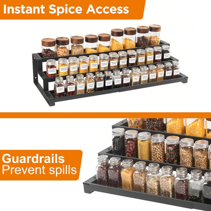 3 Tier Spice Rack for inside Cupboard, 41-75Cm Expandable Spice Organiser, Large Seasoning Organizer, Spice Jars Rack for Kitchen Countertop, Pantry, Bathroom, Black