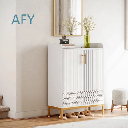 Wooden Shoe Cabinet with Engraved Pattern for Home Entryway