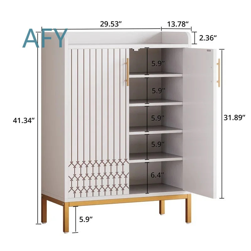 Wooden Shoe Cabinet with Engraved Pattern for Home Entryway