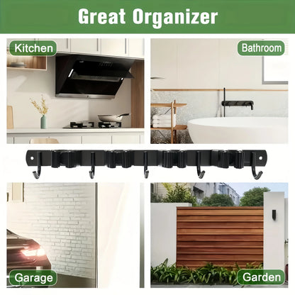 1 Heavy-Duty Metal Tool Rack with 4 Slots and 5 Hooks - Wall-Mounted Storage for Garden Tools, Brooms, Mops, and Garage Equipment, Tool Rack Storage, Black