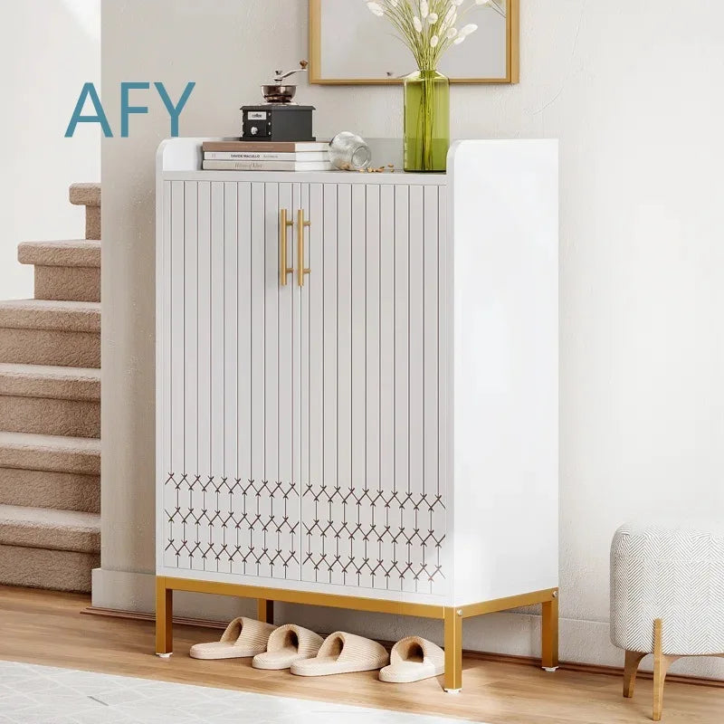 Wooden Shoe Cabinet with Engraved Pattern for Home Entryway