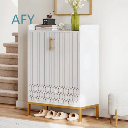 Wooden Shoe Cabinet with Engraved Pattern for Home Entryway