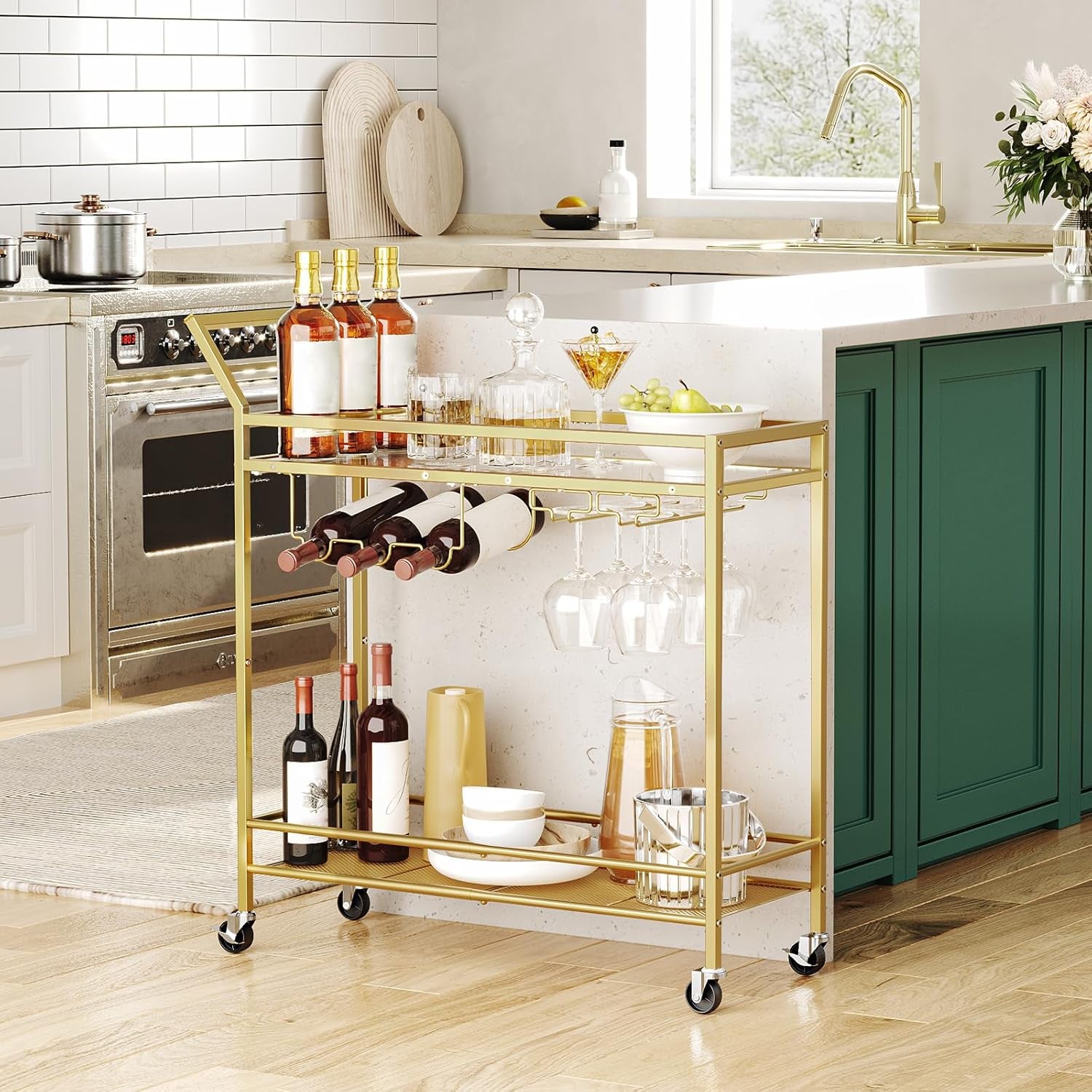 Drinks Trolley Gold, Bar Cart, Bar Trolley, Kitchen Trolley on Wheels, Serving Trolley with Glass Shelf, Wine Rack and Glass Holder, Home Bar Serving Cart for Dining Room, Party, Gold EGD11TC01