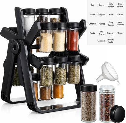 Ferris Wheel Rotating Spice Rack Seasoning Organizer with 18 Empty Jars, Spice Containers Set with Labels and Funnel, Revolving Seasoning Rack Black Kitchen Countertop Cabinet Accessories