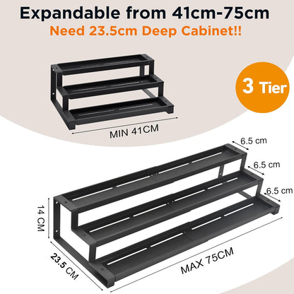 3 Tier Spice Rack for inside Cupboard, 41-75Cm Expandable Spice Organiser, Large Seasoning Organizer, Spice Jars Rack for Kitchen Countertop, Pantry, Bathroom, Black