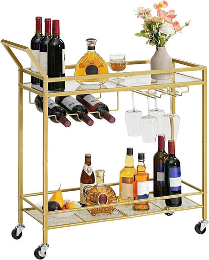 Drinks Trolley Gold, Bar Cart, Bar Trolley, Kitchen Trolley on Wheels, Serving Trolley with Glass Shelf, Wine Rack and Glass Holder, Home Bar Serving Cart for Dining Room, Party, Gold EGD11TC01