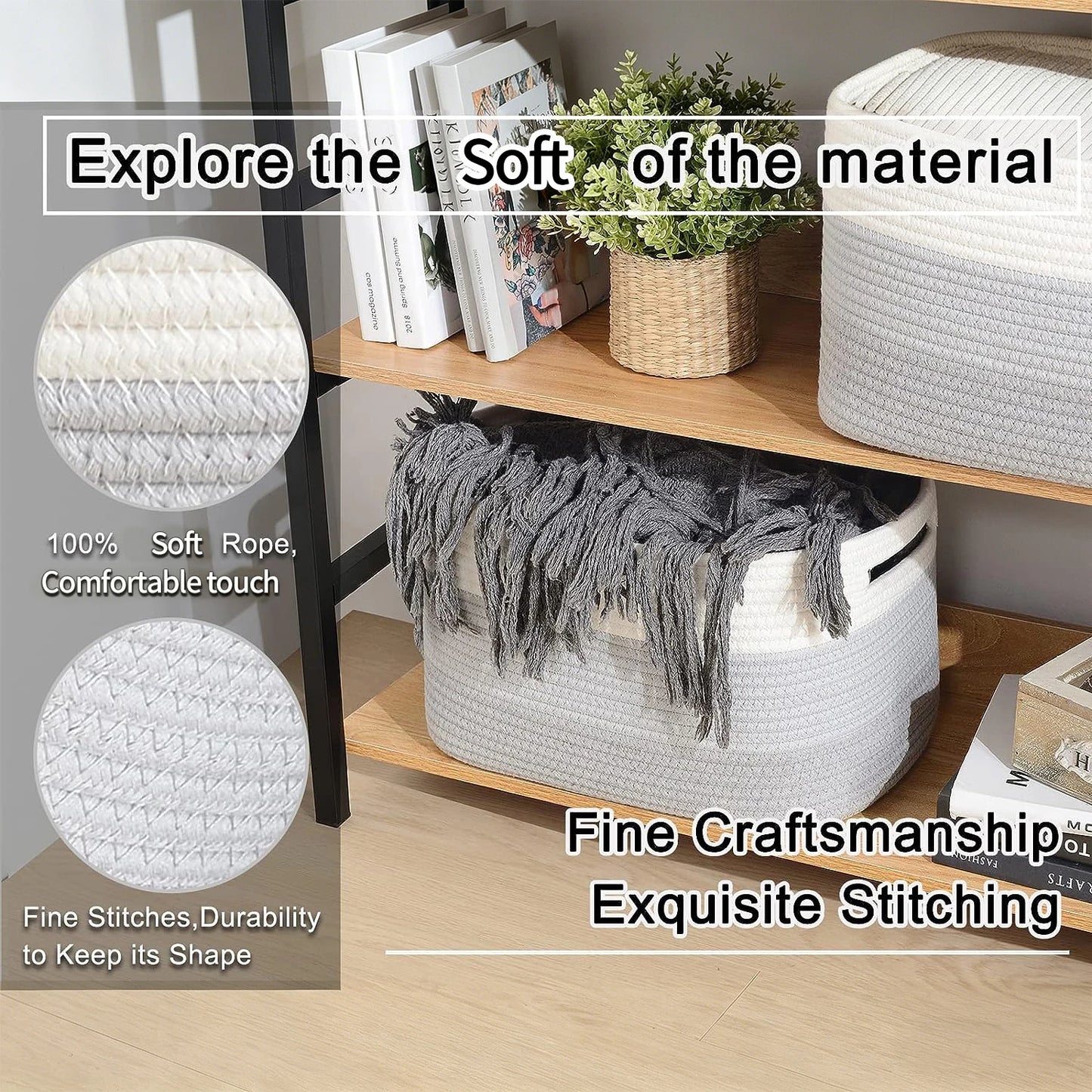 Storage Baskets for Organizing,Closet Shelf Woven Baskets, Square Bins, Cotton Rope Basket for Toys, Clothes, Office, Room