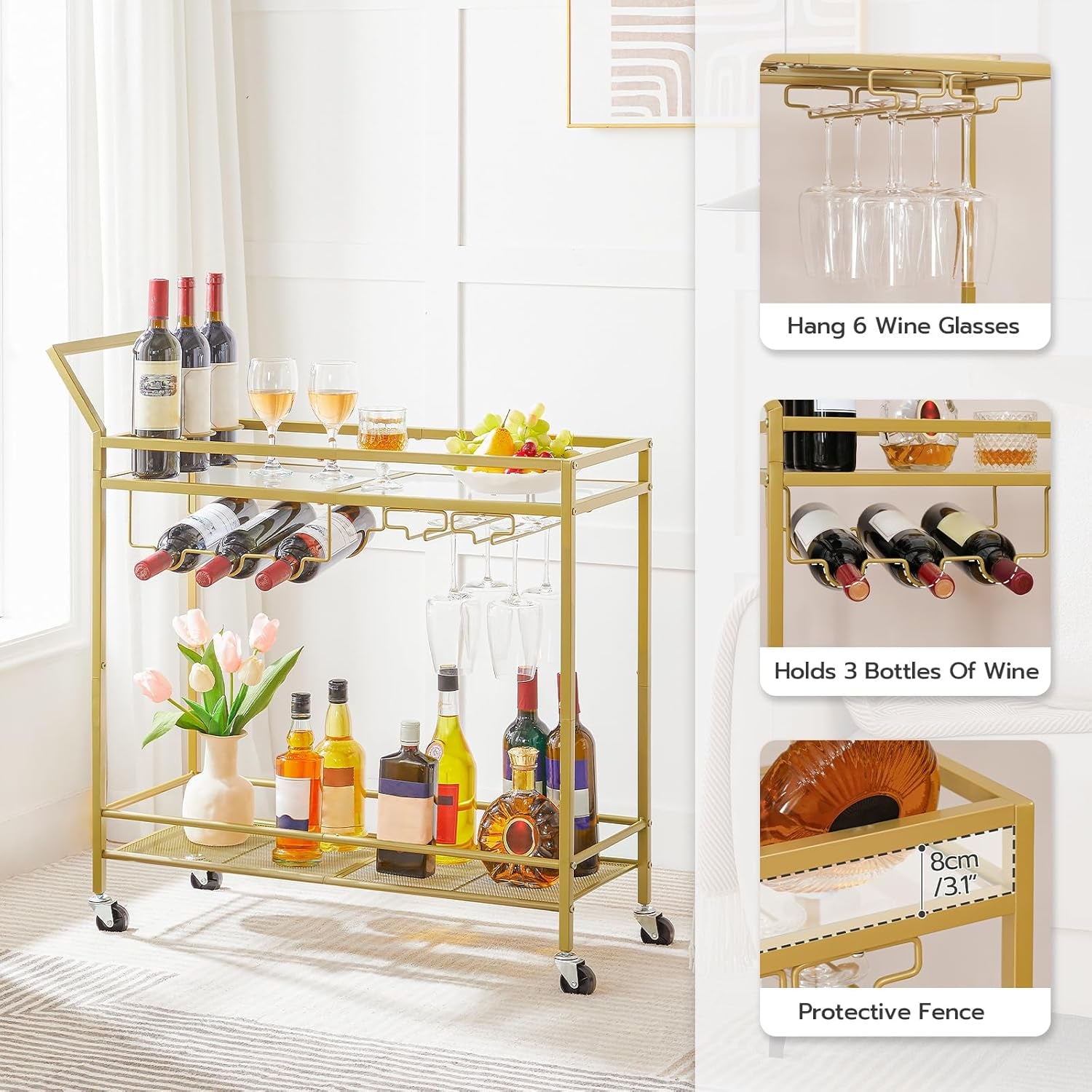 Drinks Trolley Gold, Bar Cart, Bar Trolley, Kitchen Trolley on Wheels, Serving Trolley with Glass Shelf, Wine Rack and Glass Holder, Home Bar Serving Cart for Dining Room, Party, Gold EGD11TC01
