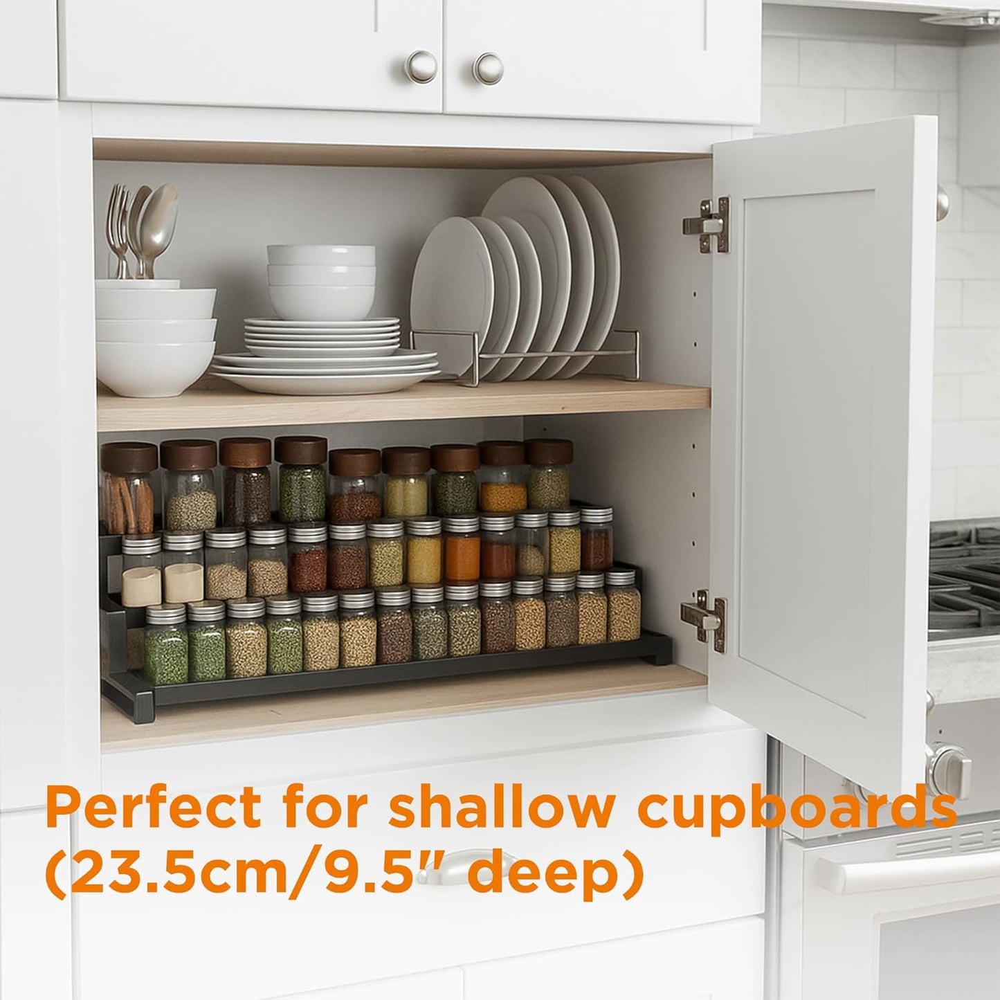 3 Tier Spice Rack for inside Cupboard, 41-75Cm Expandable Spice Organiser, Large Seasoning Organizer, Spice Jars Rack for Kitchen Countertop, Pantry, Bathroom, Black