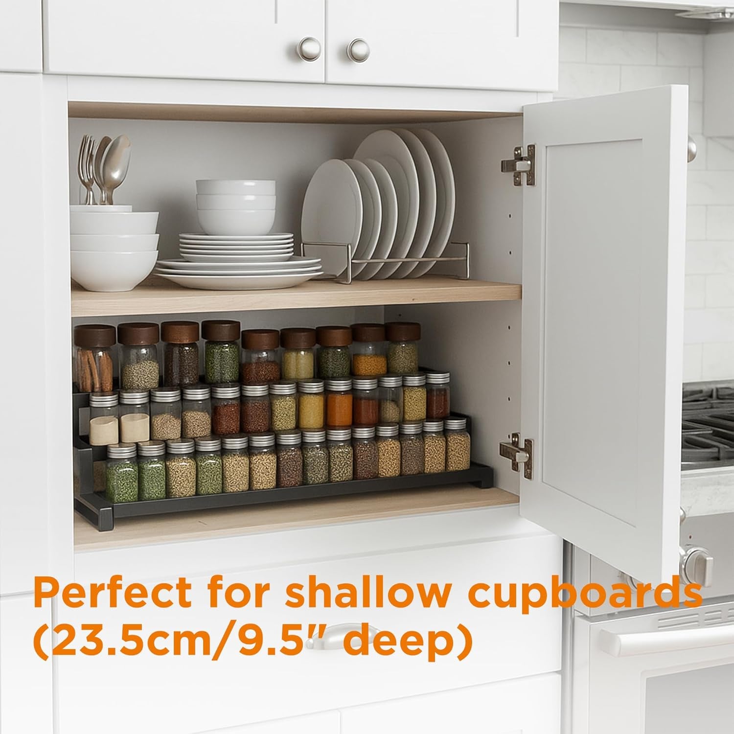 3 Tier Spice Rack for inside Cupboard, 41-75Cm Expandable Spice Organiser, Large Seasoning Organizer, Spice Jars Rack for Kitchen Countertop, Pantry, Bathroom, Black