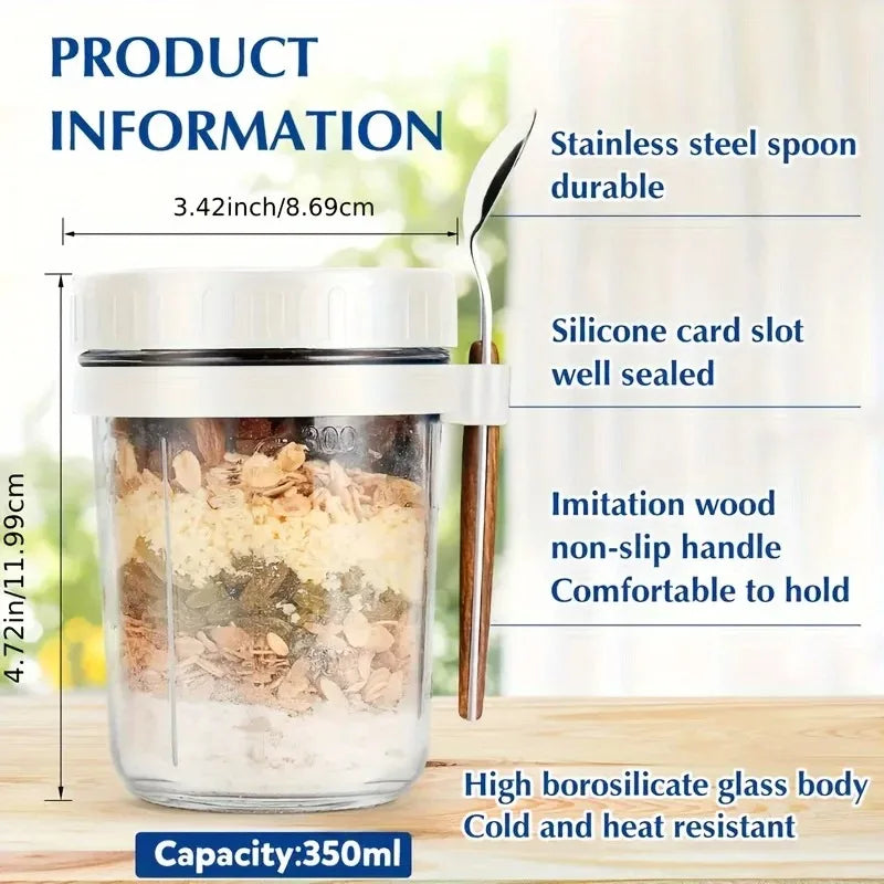 350ML Overnight Oat Cup Glass with Lid and Spoon Seal Food Breakfast Cup Portable Cereal Milk Salad Yogurt Cup Kitchen Item