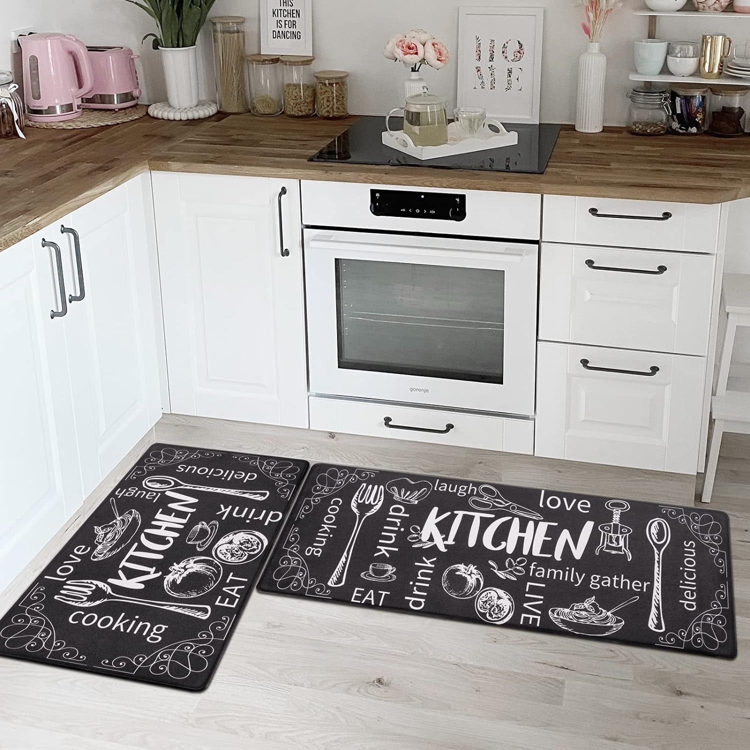 Kitchen Rugs Set of 2, Non Slip Waterproof Mat Carpet for Sink, Laundry Room