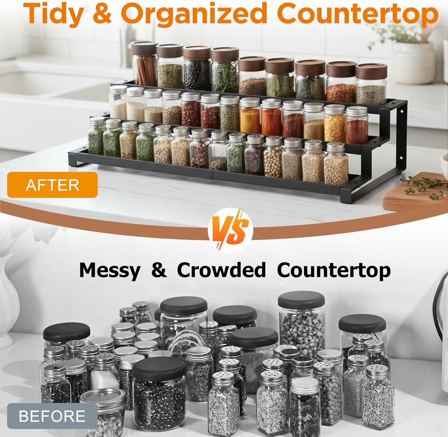 3 Tier Spice Rack for inside Cupboard, 41-75Cm Expandable Spice Organiser, Large Seasoning Organizer, Spice Jars Rack for Kitchen Countertop, Pantry, Bathroom, Black
