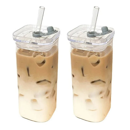 1Pcs Square Heat Resistant Coffee Glass Cup with Lid and Straw Transparent Milk Tea Juice Cups Coffee Mug for Home Bar Drinkware