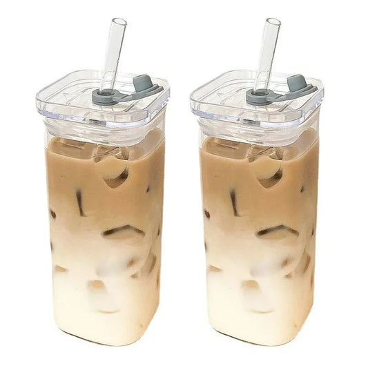 1Pcs Square Heat Resistant Coffee Glass Cup with Lid and Straw Transparent Milk Tea Juice Cups Coffee Mug for Home Bar Drinkware