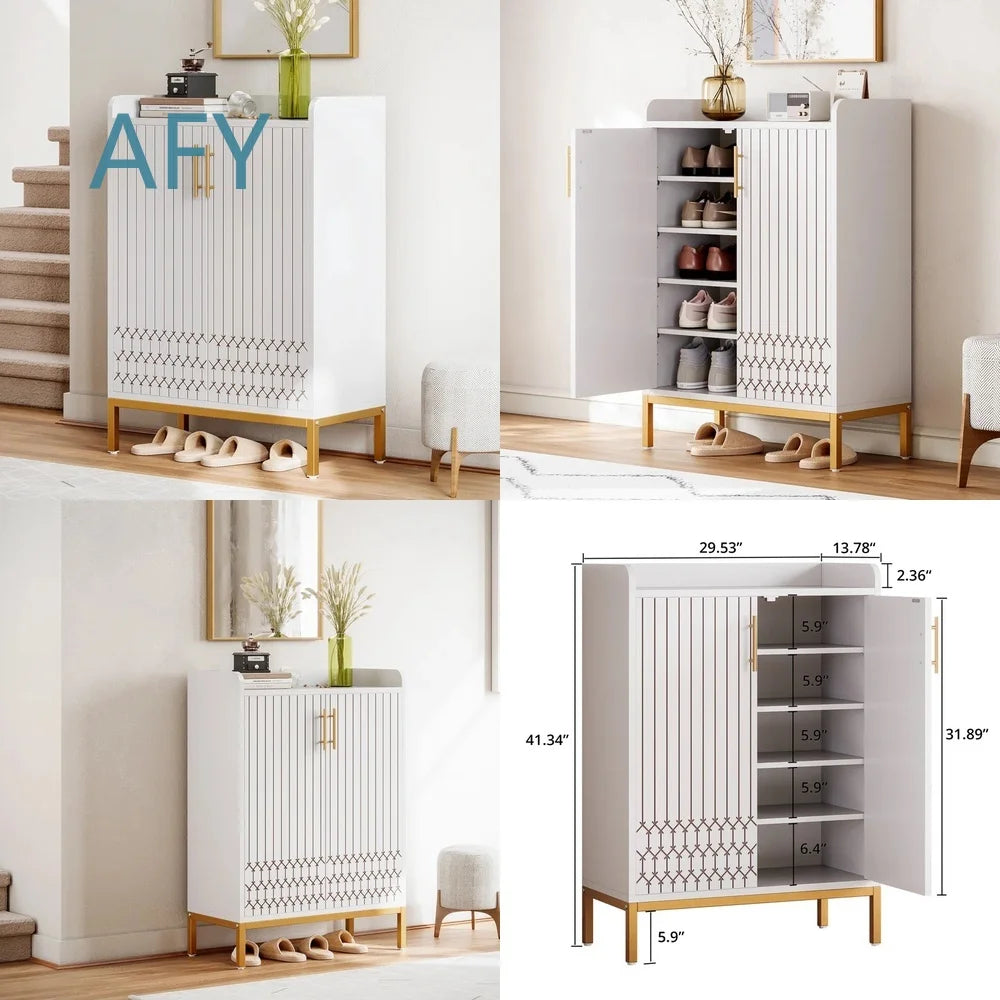 Wooden Shoe Cabinet with Engraved Pattern for Home Entryway